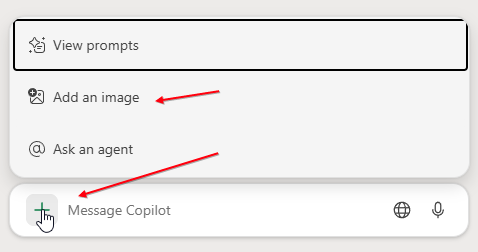 Нажмите на значок плюса слева от поля ввода запроса Copilot. В выпадающем меню доступны варианты: Просмотреть подсказки, Добавить изображение или Спросить агента.