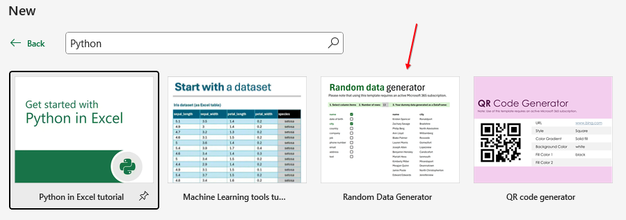 В окне 'Файл, Создать' выполнен поиск по запросу Python. В результатах отображаются четыре варианта: 'Начало работы с Python в Excel', 'Учебник по инструментам машинного обучения', 'Генератор случайных данных' и 'Генератор QR-кодов'.
