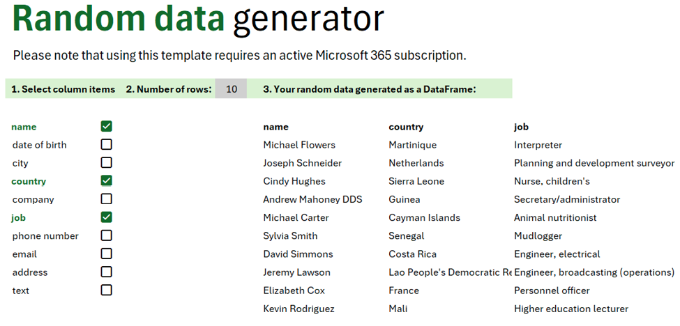 Рабочий лист 'Генератор случайных данных'. Выберите количество строк. Затем с помощью флажков выберите любые из этих полей: Имя, Дата рождения, Город, Страна, Компания, Должность, Номер телефона, Электронная почта, Адрес и Текст.