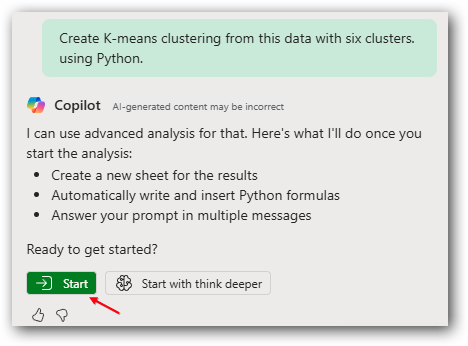 Запрос Copilot для кластеризации K-Means. Copilot предлагает использовать Advanced Analysis с кнопками Start или Start With Think Deeper.
