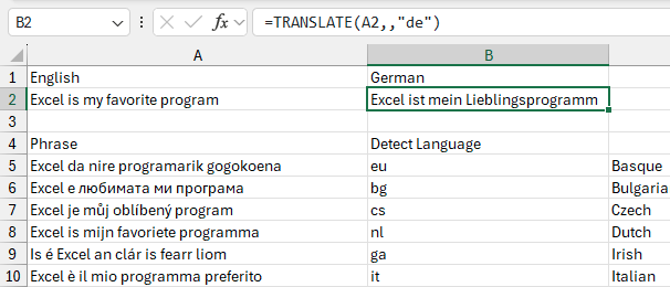 Функция TRANSLATE переводит фразу 'Excel is my favorite program' на немецкий язык. В строках ниже представлен перевод этой же фразы на множество других языков. В колонке B функция DETECTLANGUAGE возвращает двухбуквенный код определенного языка.