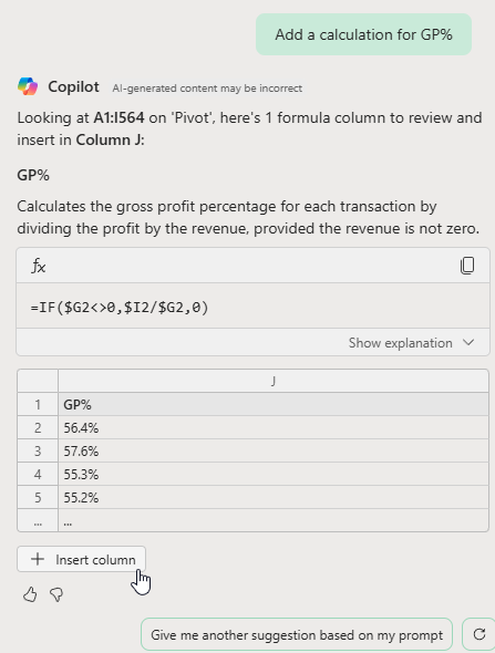 Панель Copilot предлагает формулу для вставки в столбец J. Показаны формула и объяснение. Если все верно, используйте кнопку «Вставить столбец».
