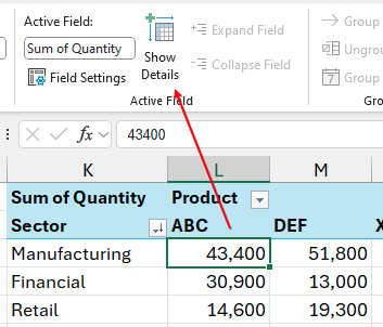 Выбор ячейки в сводной таблице. На скриншоте показано значение $43,400 для продукта ABC и сектора Manufacturing. После выбора ячейки нажмите иконку Show Details на ленте.