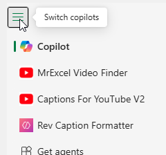 В старой версии панели Copilot откройте меню из трех строк вверху слева. В списке будут Copilot и созданные вами агенты.