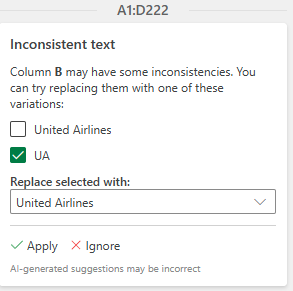 Панель Clean Data предупреждает о несоответствии текста. Она предлагает объединить United Airlines и UA, заменив UA на United Airlines. Доступны варианты Применить или Игнорировать.