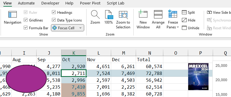 Когда режим Focus Cell включен, активная строка и столбец временно заполняются цветом. Этот цвет находится под фигурами или диаграммами, но поверх изображений внутри ячеек.