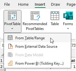 На вкладке 'Вставка' откройте выпадающий список 'Сводная таблица' и выберите 'Из таблицы/диапазона'.