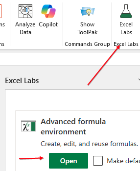 Значок Excel Labs на вкладке Главная и открытая панель Advanced Formula Environment.