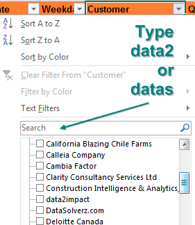 В выпадающем меню фильтра есть поле поиска для быстрого нахождения элемента.