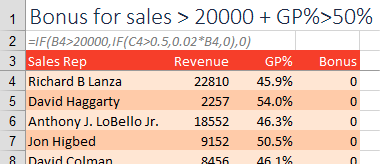 Тест для двух условий. Один из способов — вложенная функция =IF(B4>20000,IF(C4>0.5,0.02*B4,0),0).