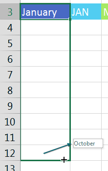 Захватите маркер заполнения из ячейки с январем и протяните вниз. Подсказка в данный момент показывает октябрь.