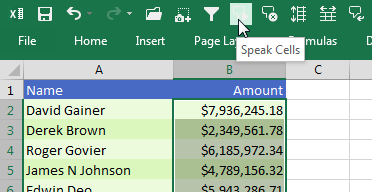 Выберите диапазон ячеек и нажмите Озвучить ячейки.