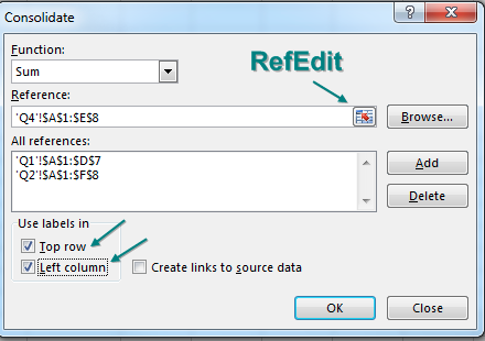 Диалоговое окно Консолидации. В раскрывающемся списке Функция выбрано Сумма. Поле Ссылка используется для указания следующего диапазона для консолидации. Список Все ссылки показывает области для объединения. В левом нижнем углу флажки для использования подписей в верхней строке и/или левом столбце.