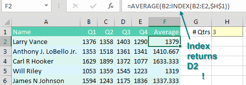 Формула AVERAGE с использованием B2:INDEX для нелетучего динамического диапазона.