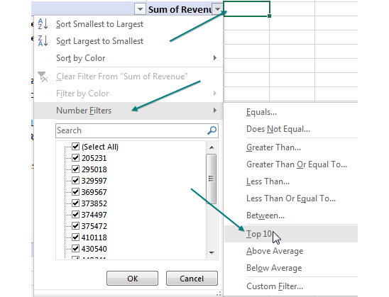 Открывается выпадающий список из заголовка 'Сумма выручки'. Выберите 'Числовые фильтры', затем 'Топ-10'.